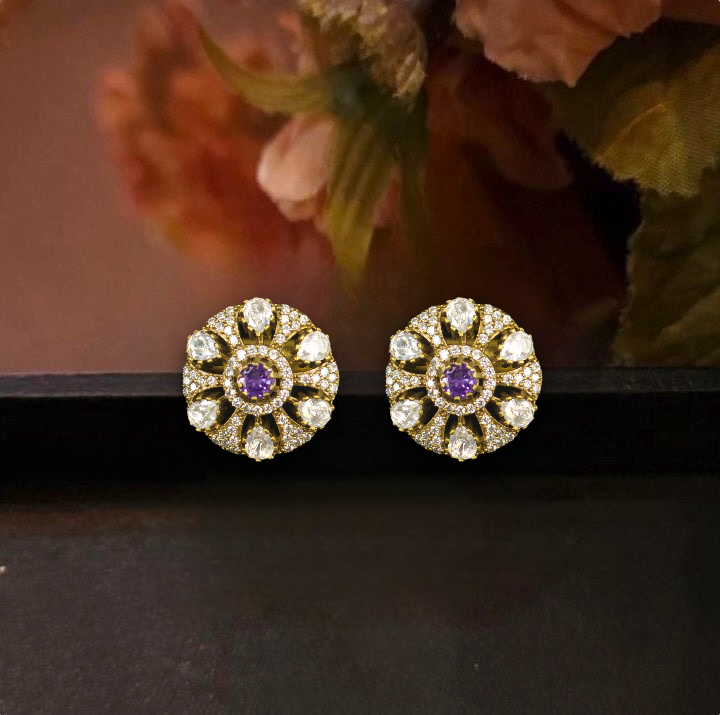 Austere Victorian Diamond look Studs. This Victorian Jewellery is available in Amethyst, Ruby, & Emerald Colour Variants.