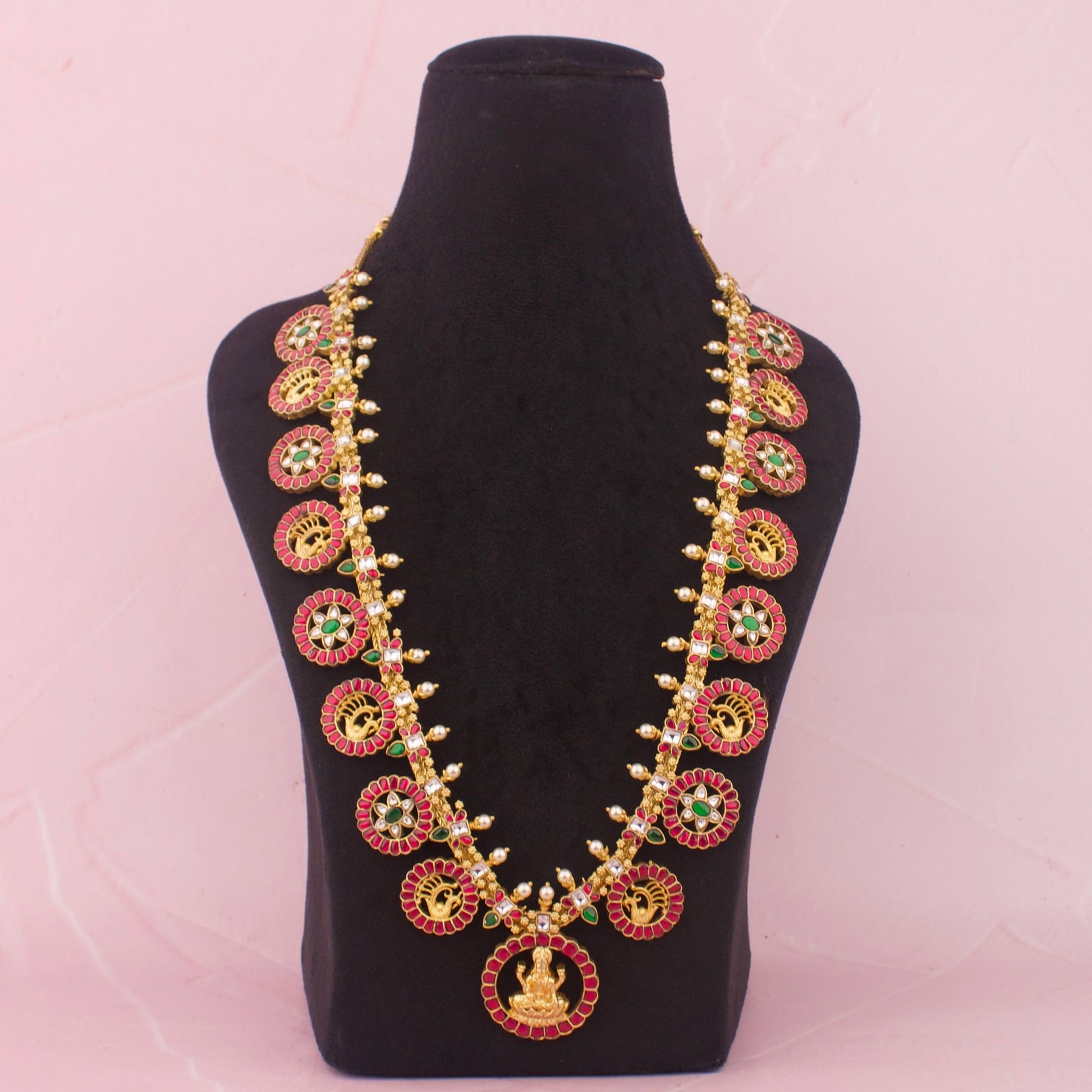 Divine Laxmi Devi Jadau Kundan Long Bottumala Haram - Premium Indian Ethnic Jewelry | Dulhan Jewels