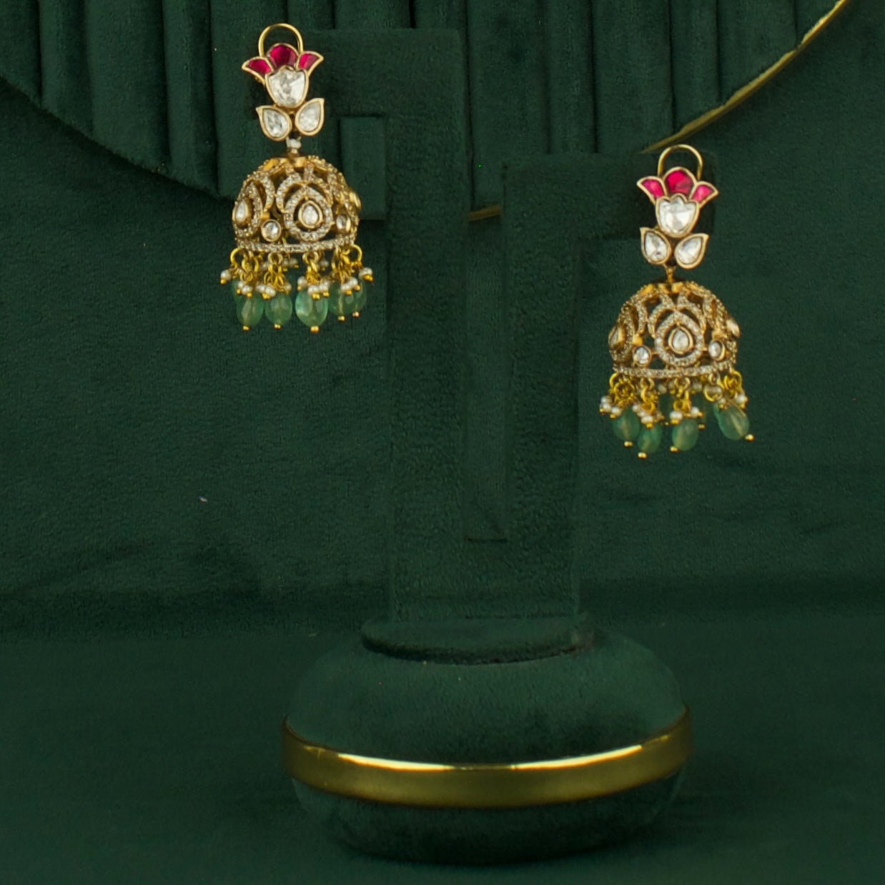 Grand Polki Victorian Jhumki Earrings With Green Beads