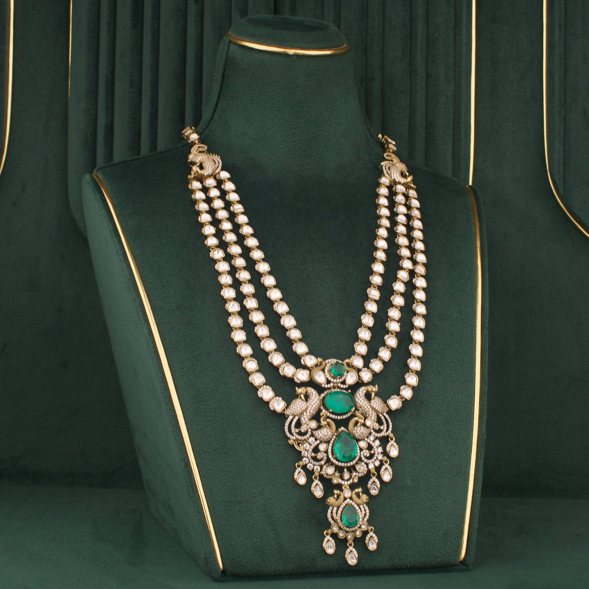 Luxury Victorian Polki Necklace Set With Peacock Motifs And Matching Earrings Close-up Design & Gemstone Detailing - Dulhan Jewels