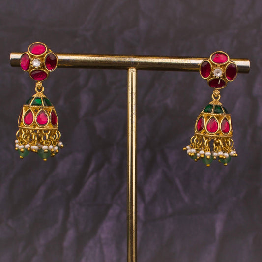 Floral Studded Sleek Jhumki Earrings With Pearl & Bead Hangings