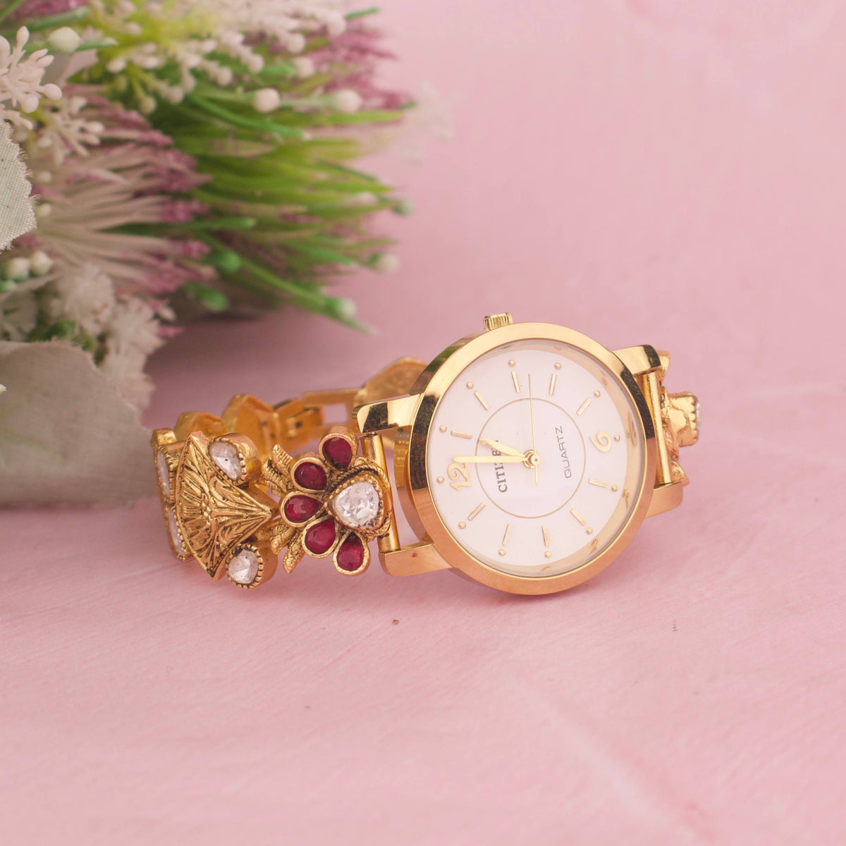 Designer Jadau Kundan Wrist Watch Craftsmanship & Detail View - Dulhan Jewels