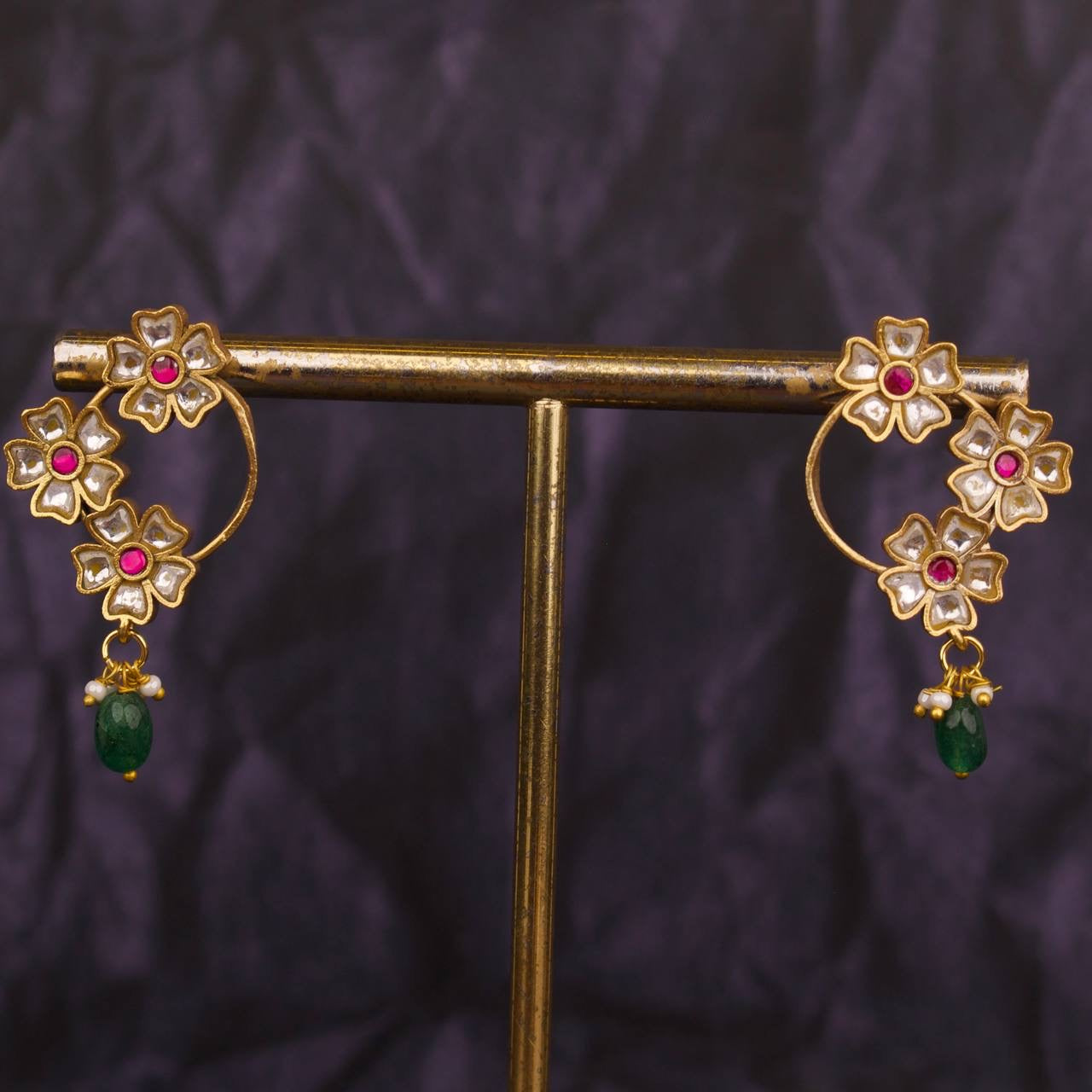 Unique Jadau Kundan Earrings With Pearls & Bead Droplet