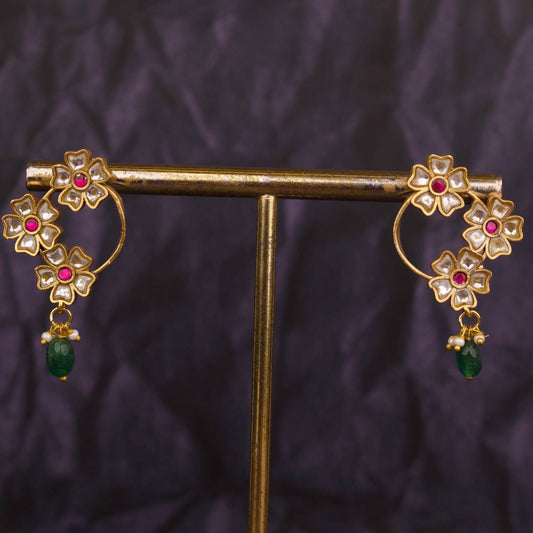 Unique Jadau Kundan Earrings With Pearls & Bead Droplet