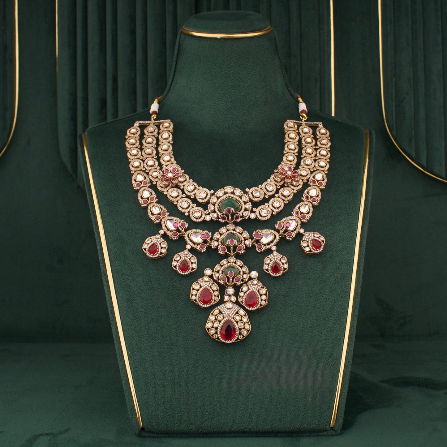 Victorian Ruby Emerald Polki Bridal Statement Necklace Set With Matching Earrings