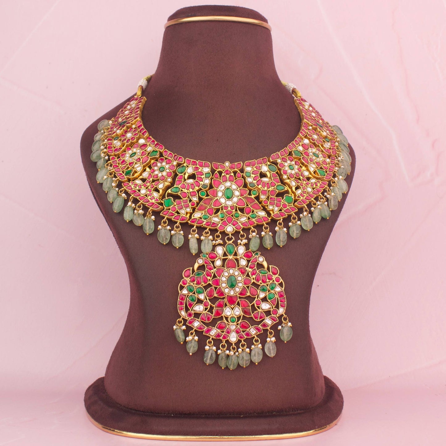 Grand Bridal Floral Design Jadau Kundan  Necklace with Green Beads