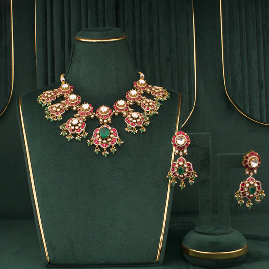 Luxury Victorian Kundan Polki Necklace Set With Emerald Center And Ruby Detailing