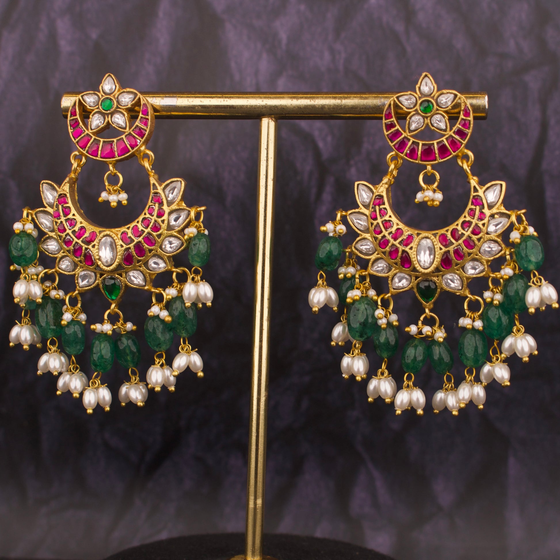 Graceful Jadau Kundan Chand Bali Earrings With Beads Hangings - DULHAN JEWELS
