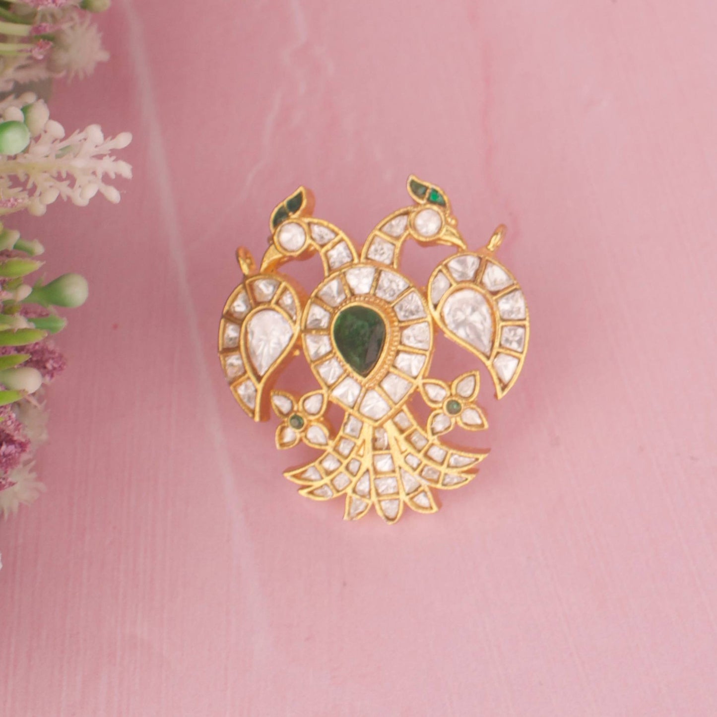 Elegant Peacock Jadau Kundan Pendant With Emerald Green Stone