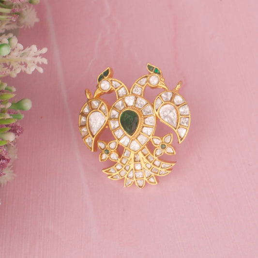 Elegant Peacock Jadau Kundan Pendant With Emerald Green Stone