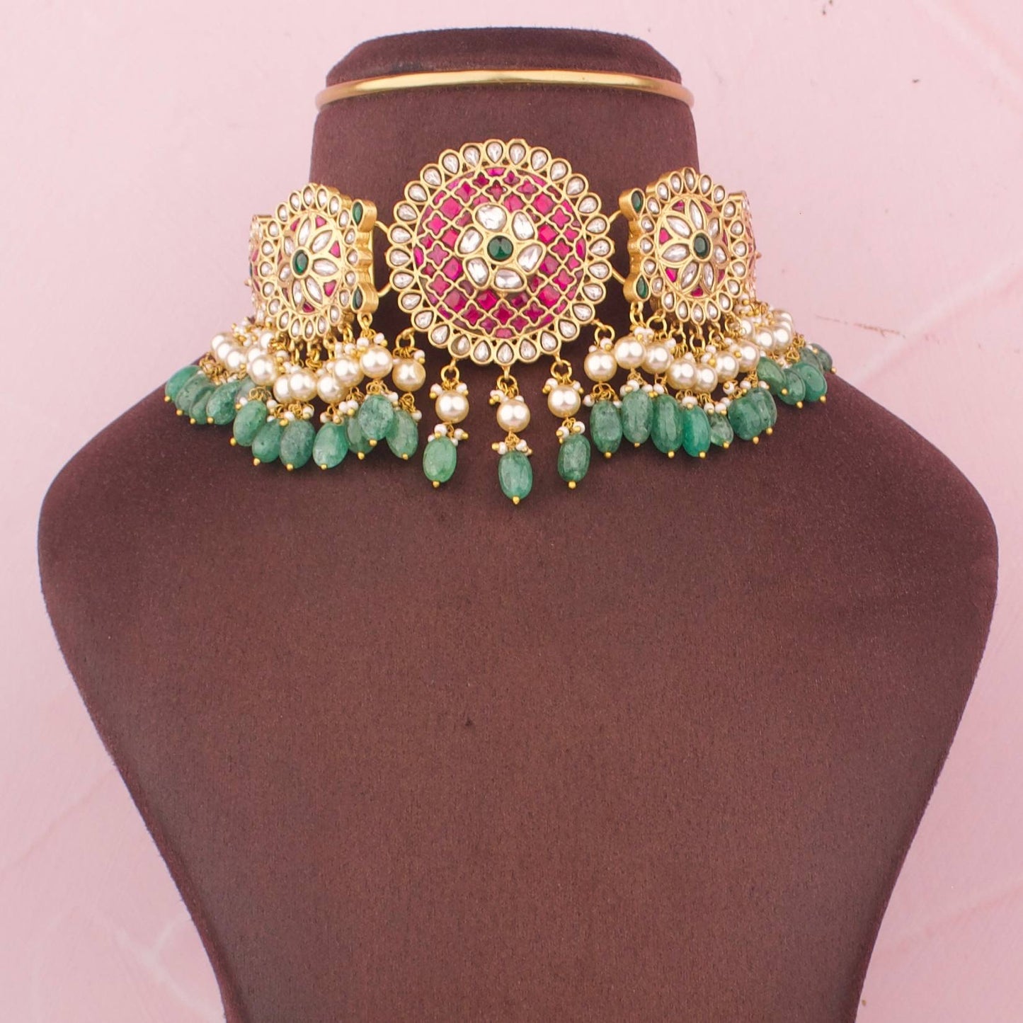 Radiant Bridal Jadau Kundan Choker With Green Drops