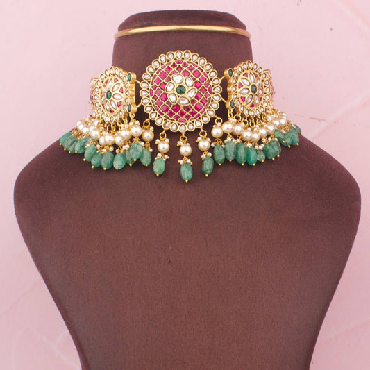 Radiant Bridal Jadau Kundan Choker With Green Drops