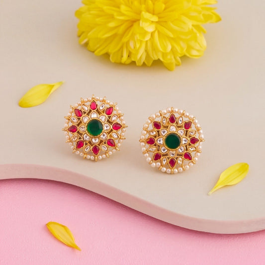 Circular Jadau Kundan Stud Earrings - Handcrafted Indian Bridal Jewelry by Dulhan Jewels