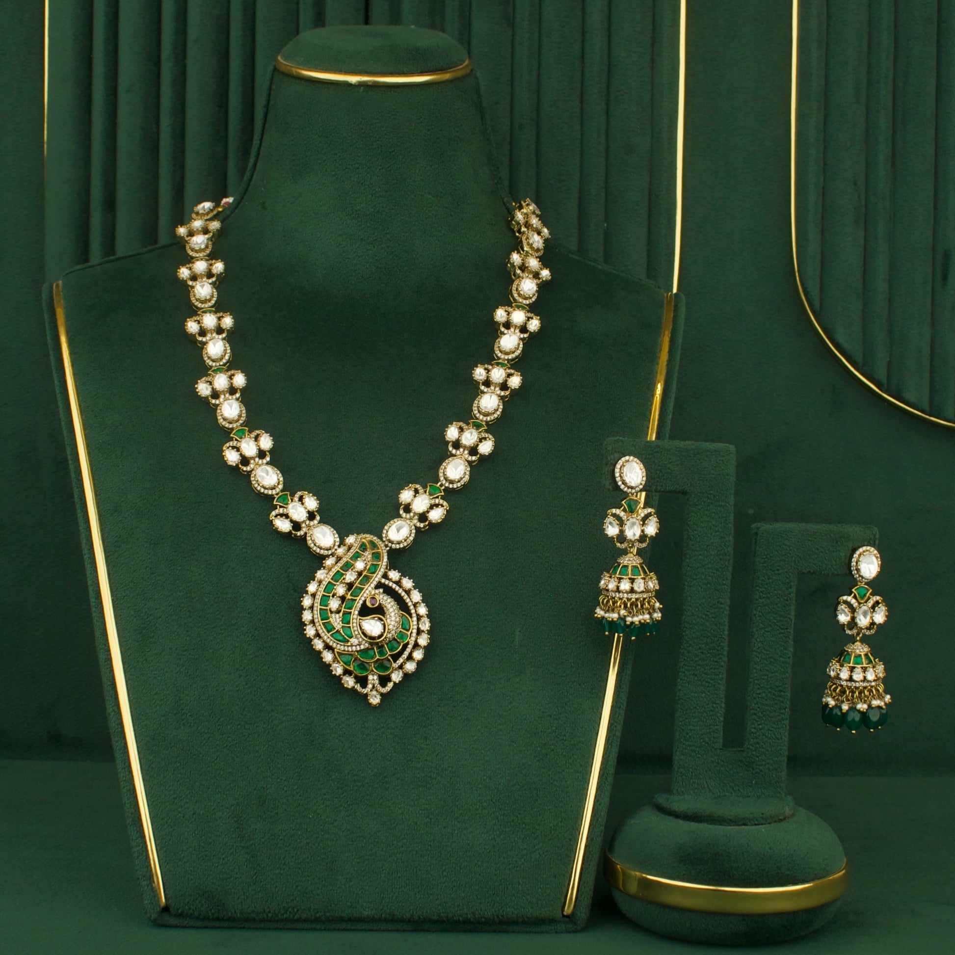 Latest Peacock Design Victorian Fusion Kundan & Polki Necklace Set