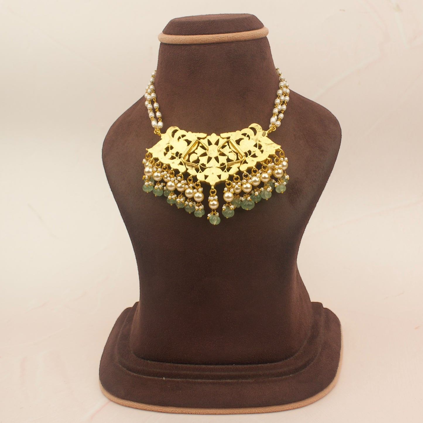 Jadau Kundan Pearl Choker With Green Beads Hanging