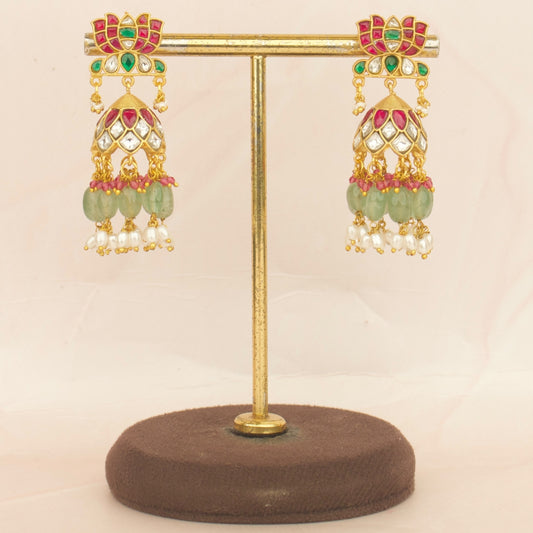 Bridal Jadau Kundan lotus Studded Jhumka With Pearl & Bead Hanging