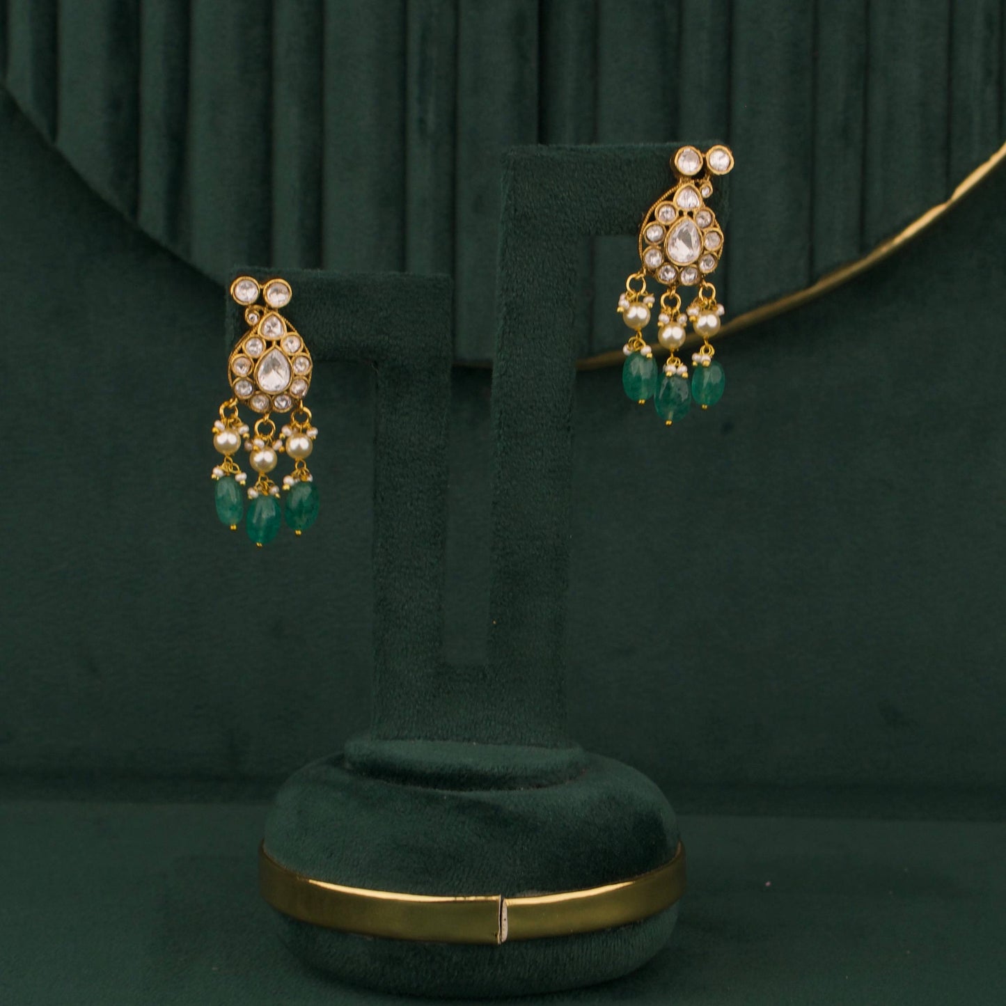 Polki Necklace Set With Green Beads And Matching Earrings