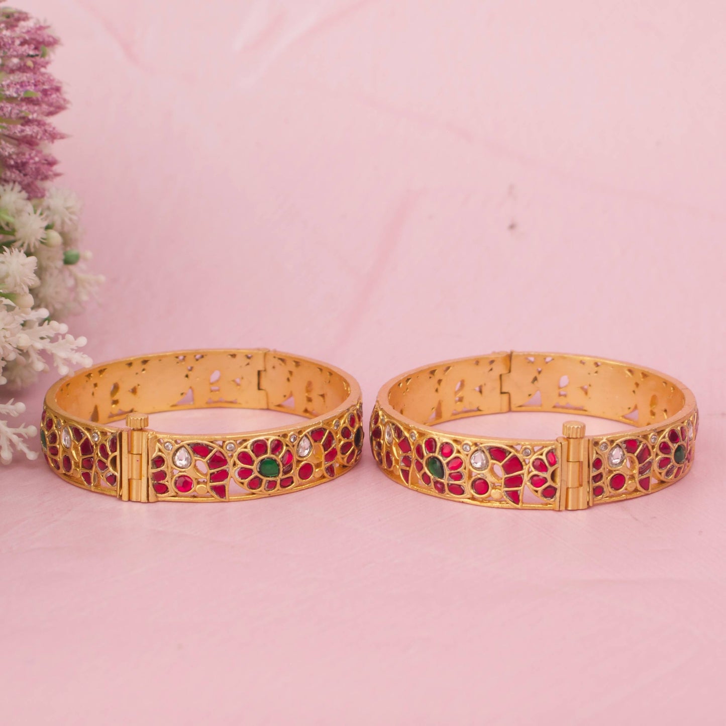 Designer Jadau Kundan Bangles With Floral Motif And Multi-Stone Work