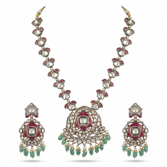 Fusion Polki Kundan Necklace With Earrings