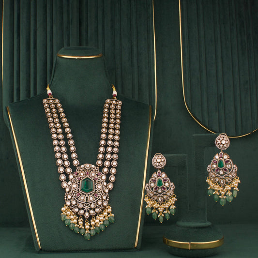 Traditional Victorian Bridal Necklace Set With Emerald Drops - Handcrafted Indian Bridal Jewelry by Dulhan Jewels