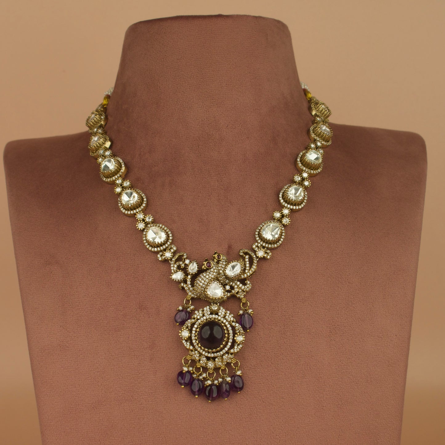 Royal Grandeur: Victorian Polki Necklace Set with Gemstone Accents with high quality Victorian finish 