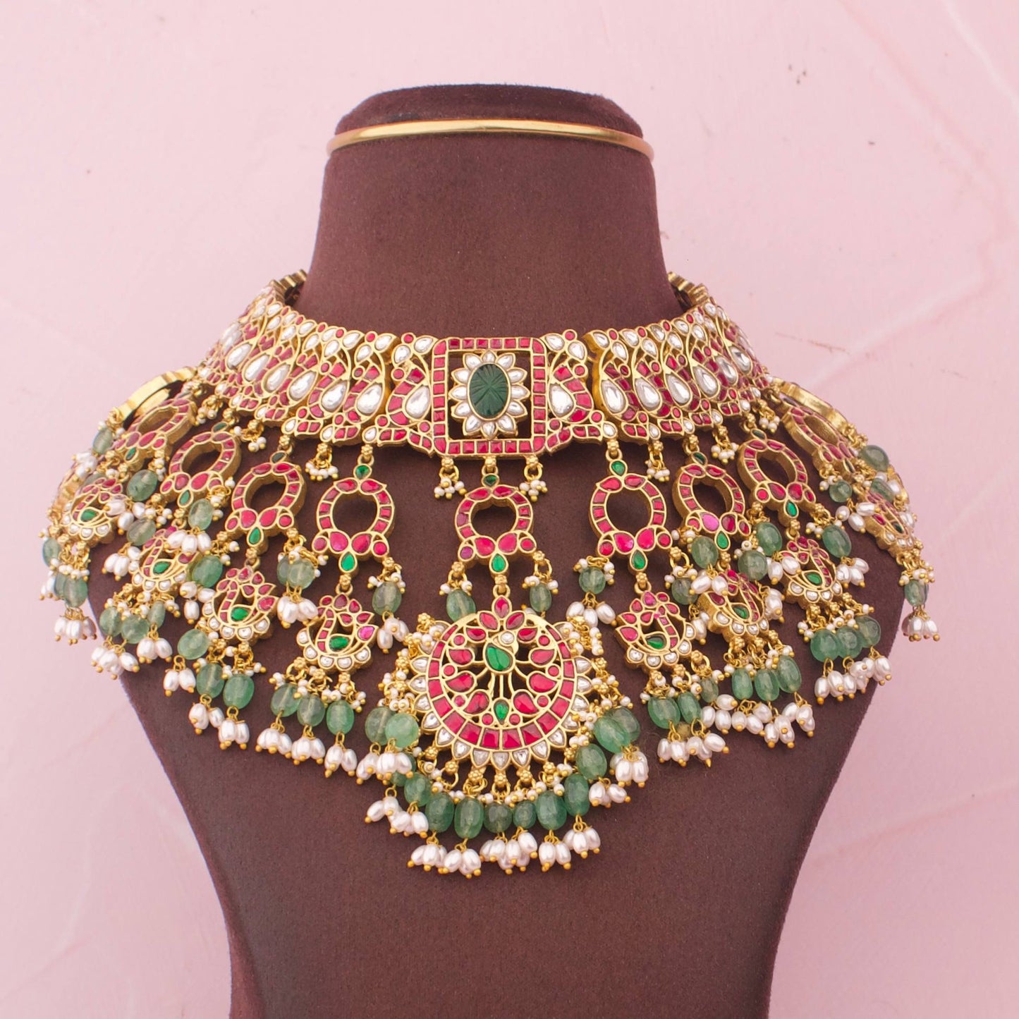 Royal Jadau Kundan Bridal Choker With Emerald And Pearl Drops