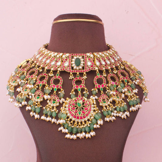 Royal Jadau Kundan Bridal Choker With Emerald And Pearl Drops