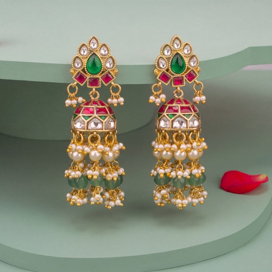 Unique Jadau Kundan Jhumki With Pearl, Beads Guttapusalu Hangings
