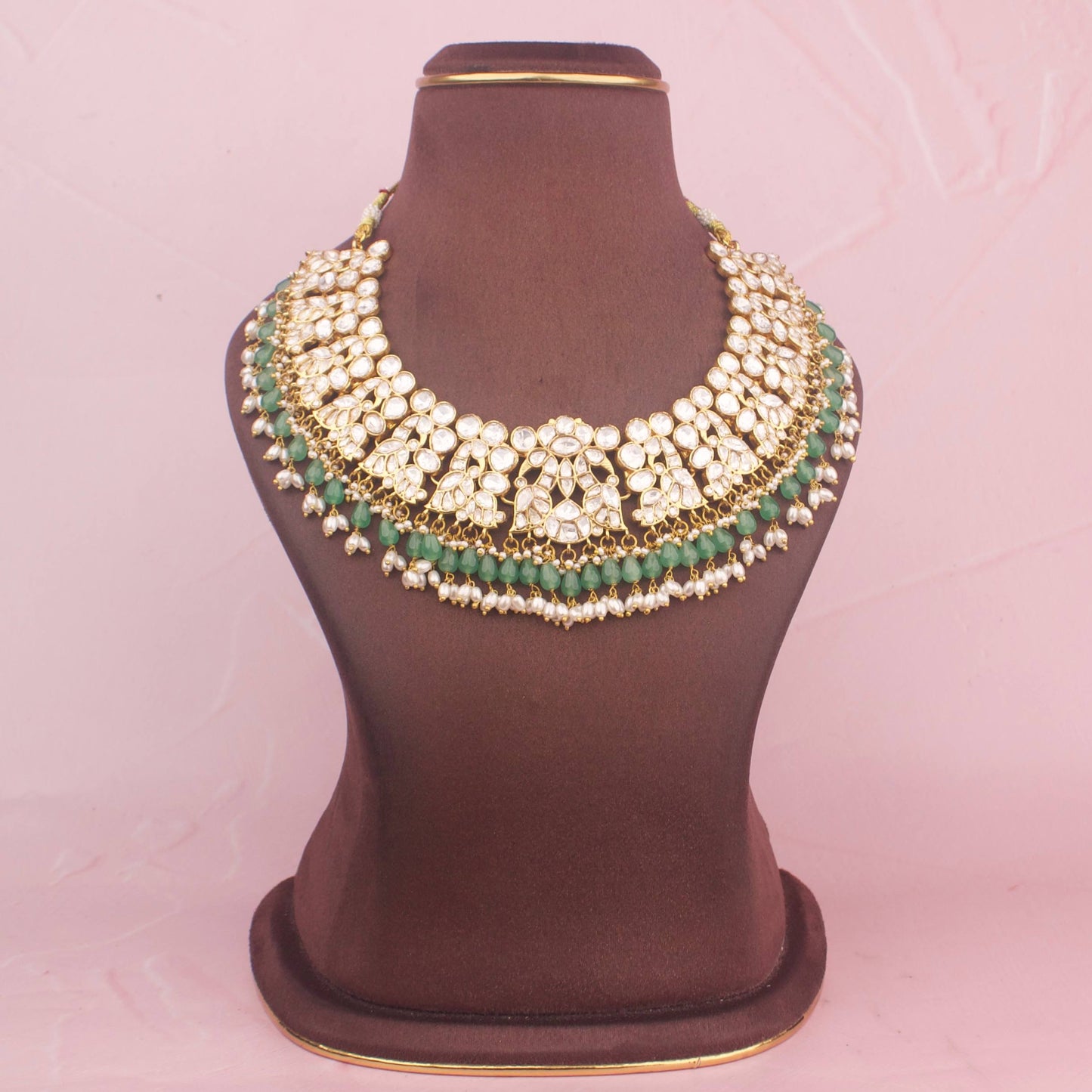Opulent Moissanite Polki Necklace With Green Beads & Pearls As Hangings - Premium Indian Ethnic Jewelry | Dulhan Jewels