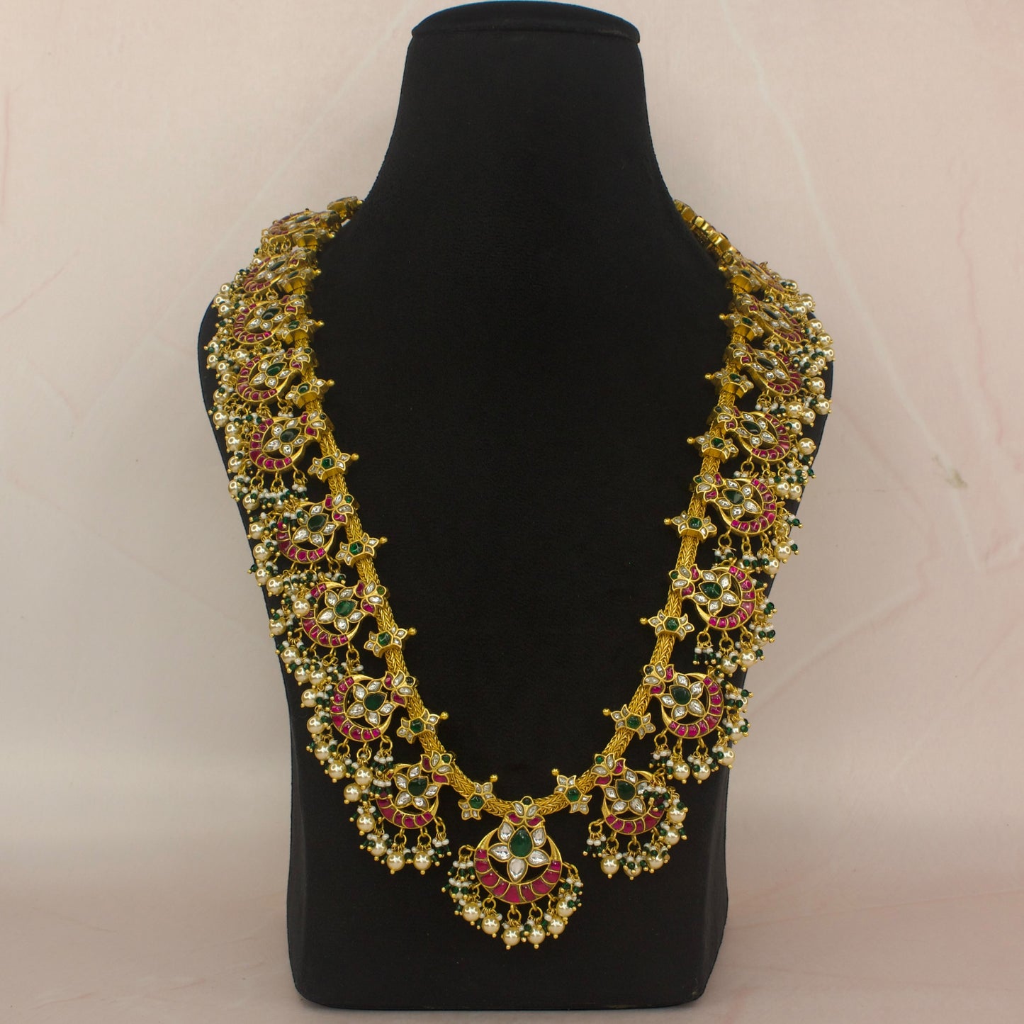 Floral Chandbali shaped jadau kundan long haram with 22k Gold plating 