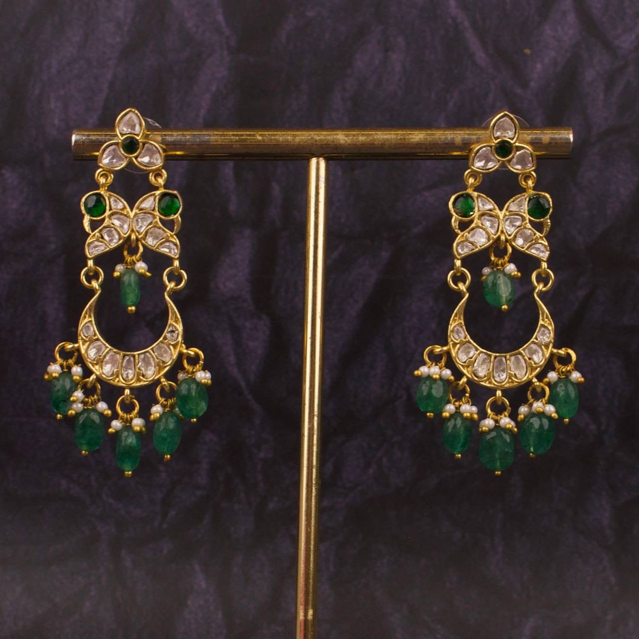 Moissanite Polki Chandbali Earrings With Beads Hanging