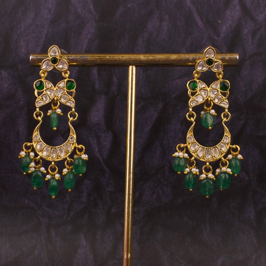 Moissanite Polki Chandbali Earrings With Beads Hanging