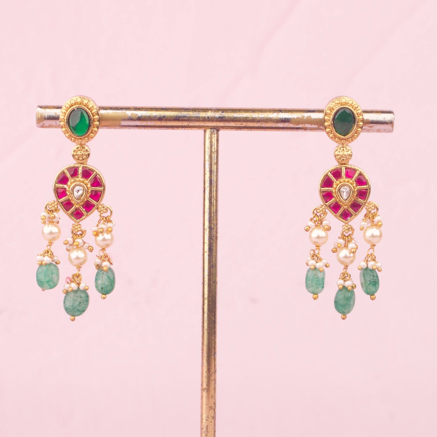 Antique Temple Necklace Set With Emerald Beads And Earrings