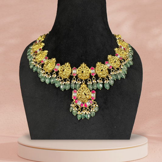 Peacock Splendor: Jadau Kundan Necklace with Green Beads with 22k gold plating This Product Belongs to Jadau Kundan Jewellery Category