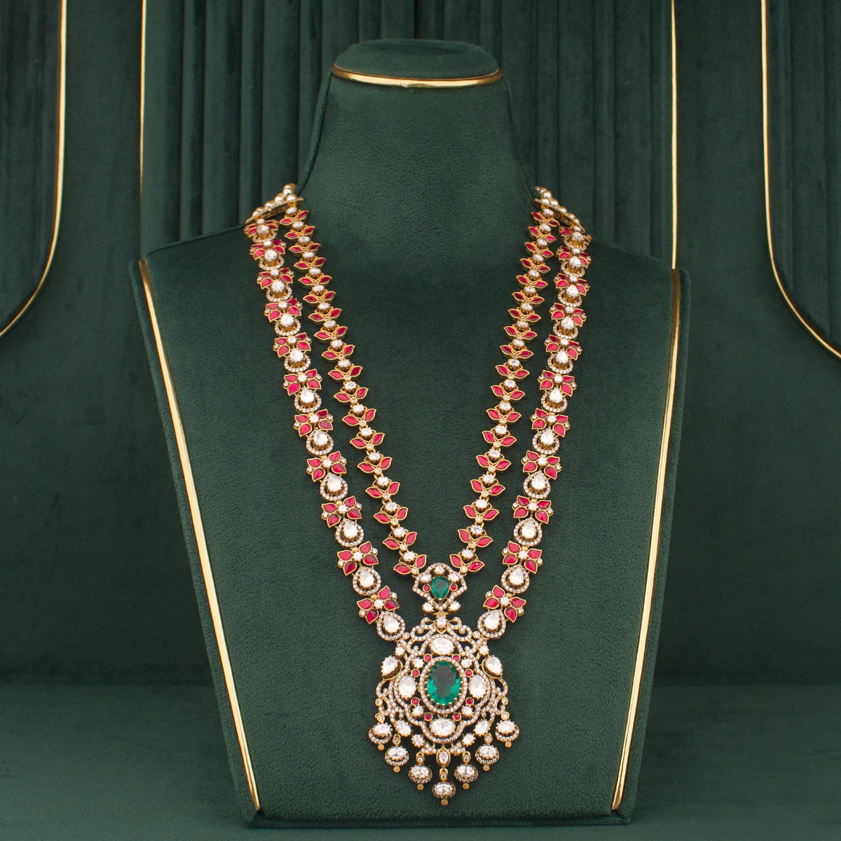 Vintage Emerald Victorian Necklace Set With Ruby And Polki Stones