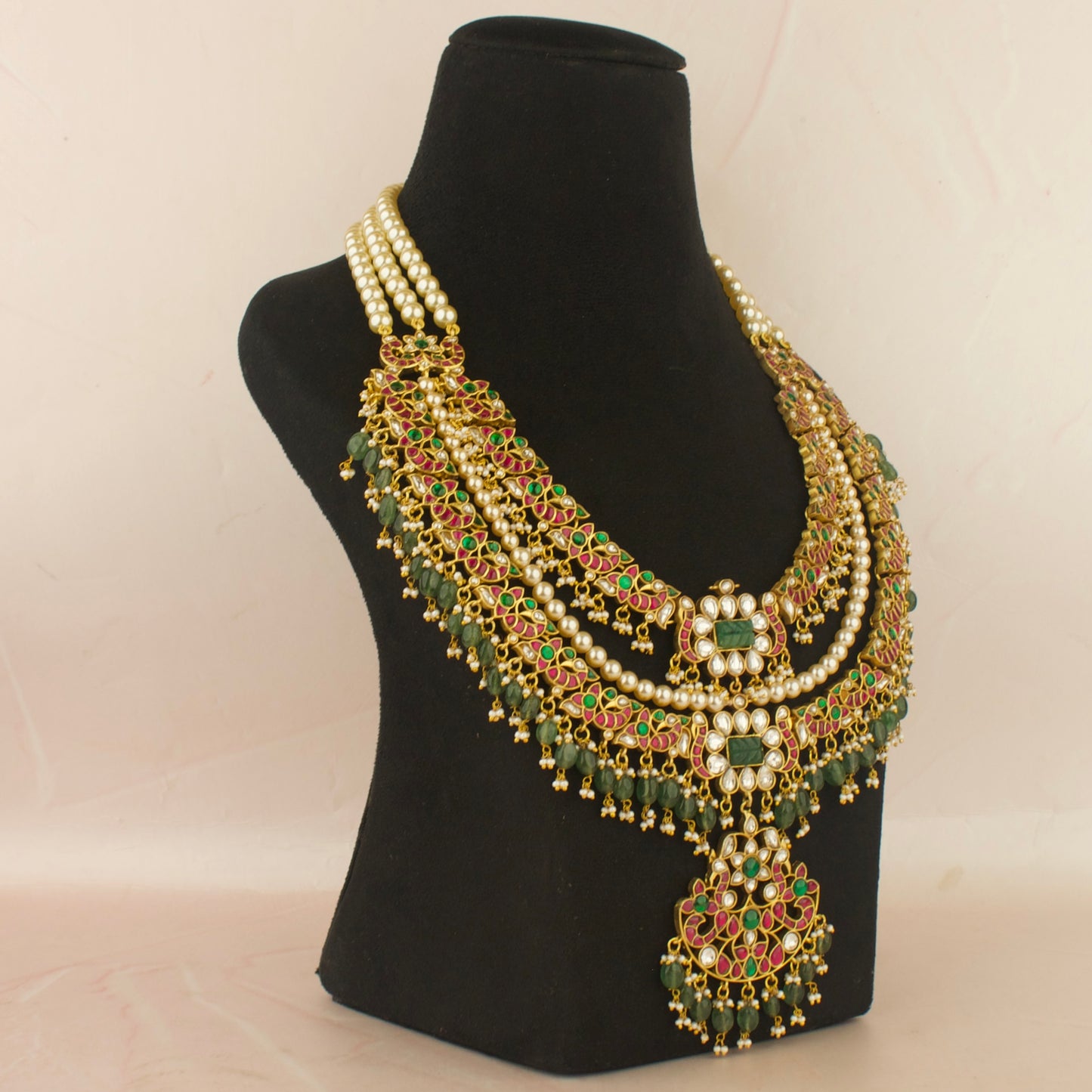 Bridal Floral 2/Layered Design Jadau Kundan Necklace with Swarovski Pearls Lines