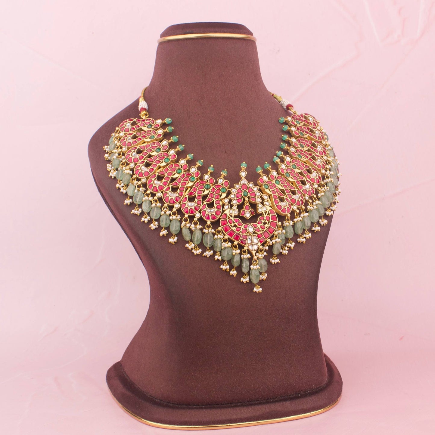 Close-Up Detail View of Traditional Indian Design Jadau Kundan Necklace With Green Beads & Pearls Hanging | Dulhan Jewels