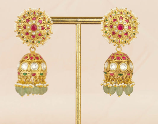 Grand Floral Studded Jadau Kundan Jhumki - DULHAN JEWELS