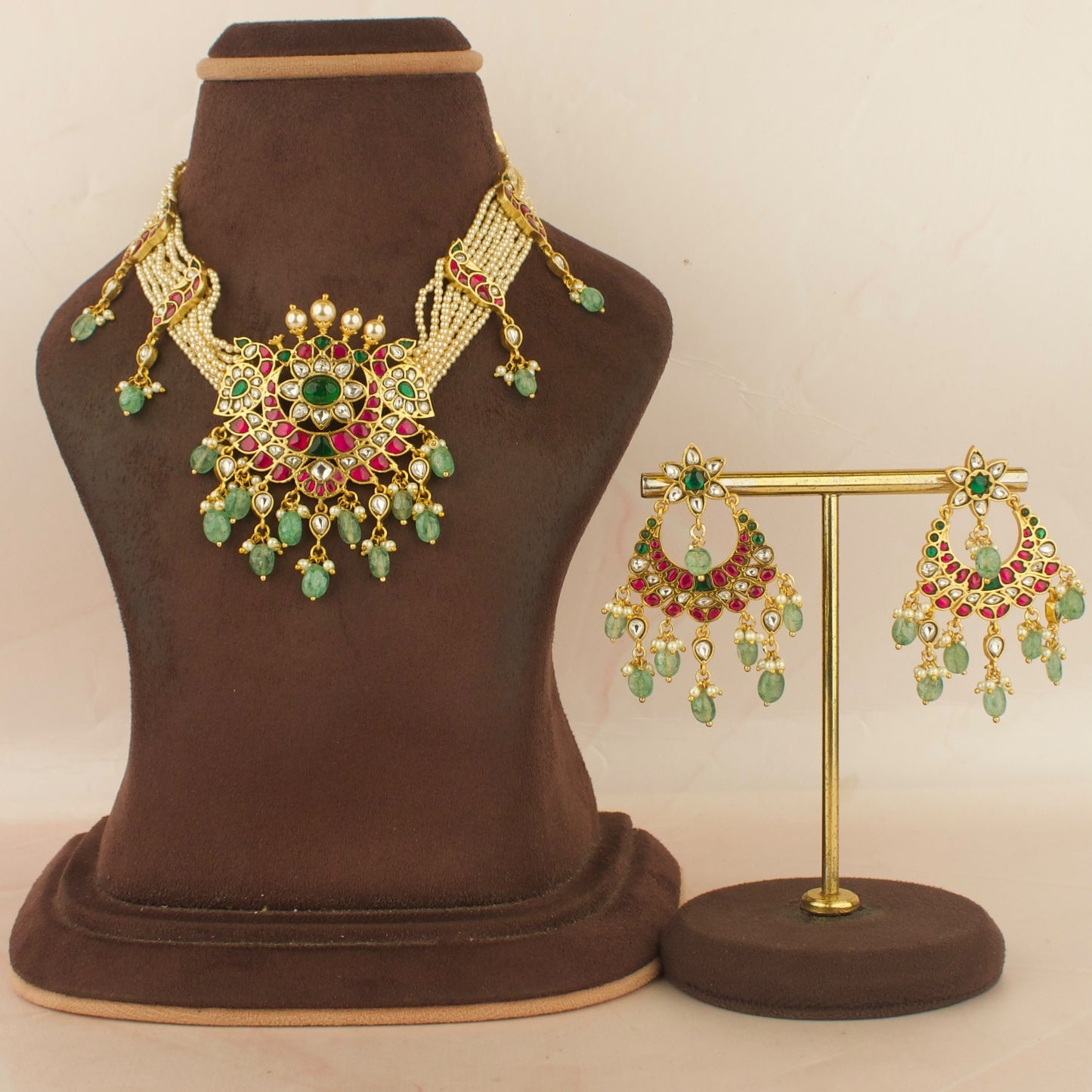 Floral Peacock Design Jadau Kundan Beads Necklace with Matching Earrings