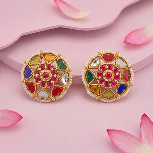 Gold Look Jadau Kundan Navratna Studs