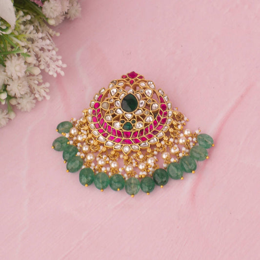 Traditional Jadau Kundan Chand Pendant With Green Beads