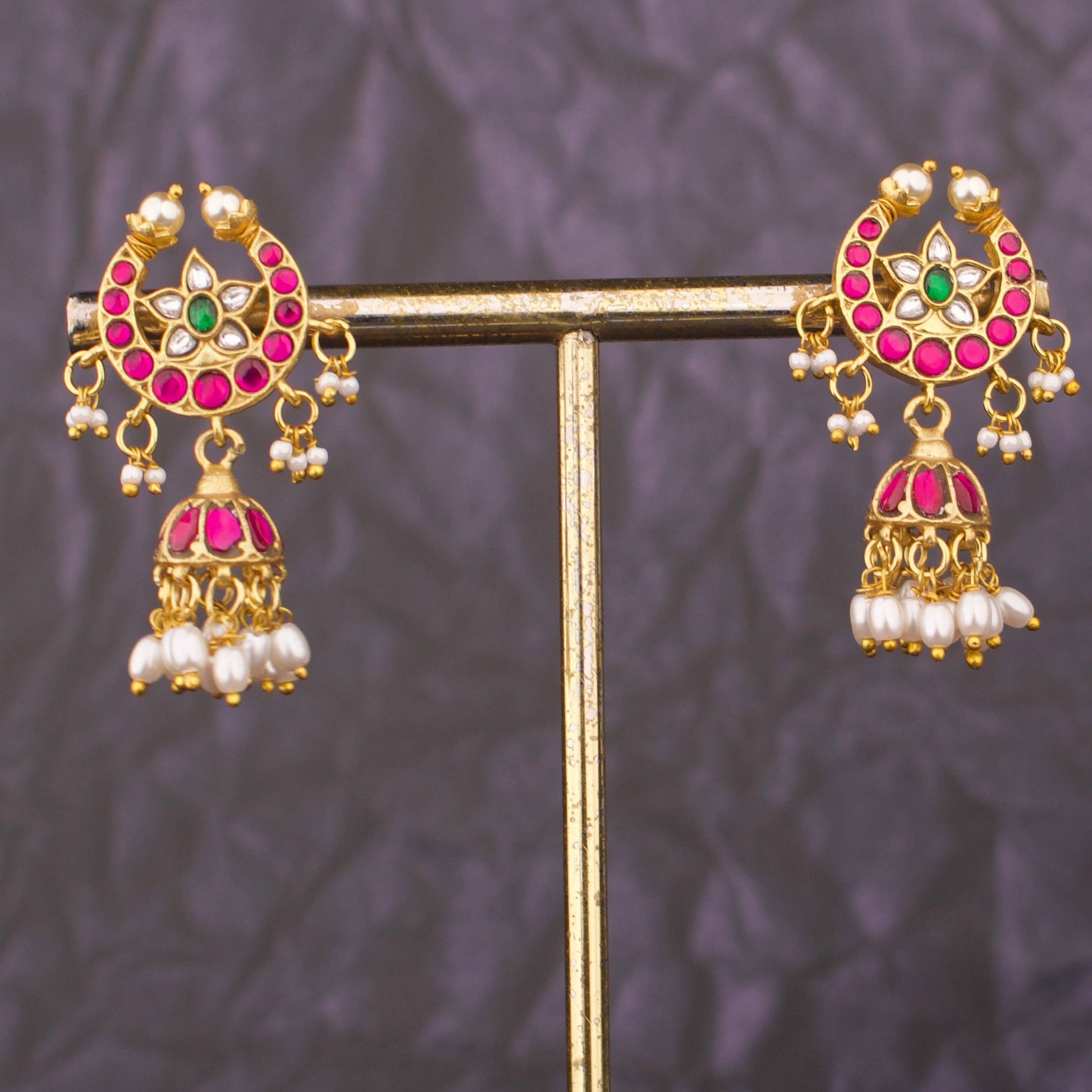 Crescent Jadau Jhumka Earrings With Floral Kundan And Pearls