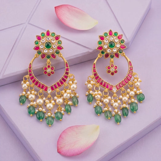 Bridal Jadau Chandbali Earrings With Emerald Beads