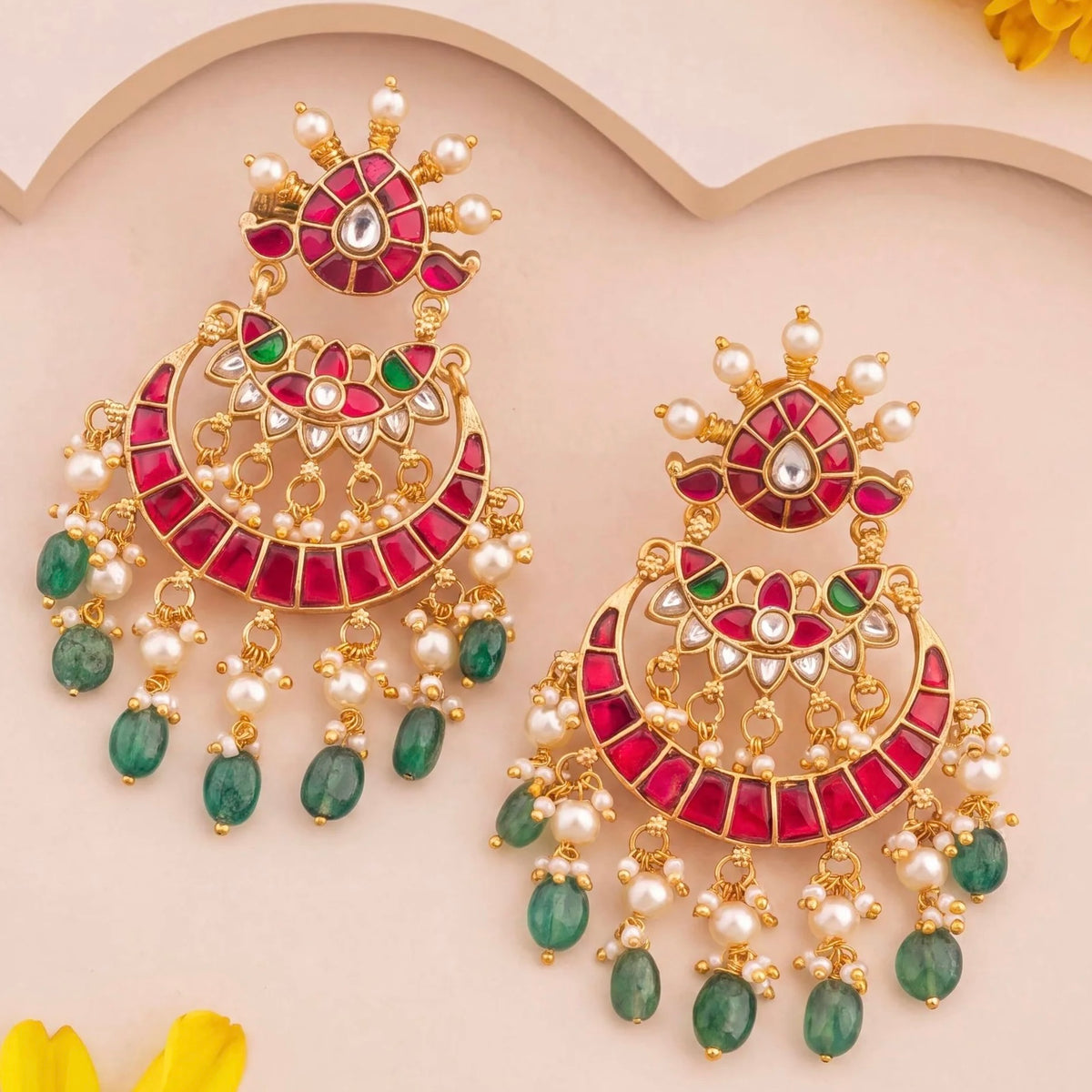 Regal Jadau Kundan Chandbali Earrings With Emerald Hangings - Handcrafted Indian Bridal Jewelry by Dulhan Jewels