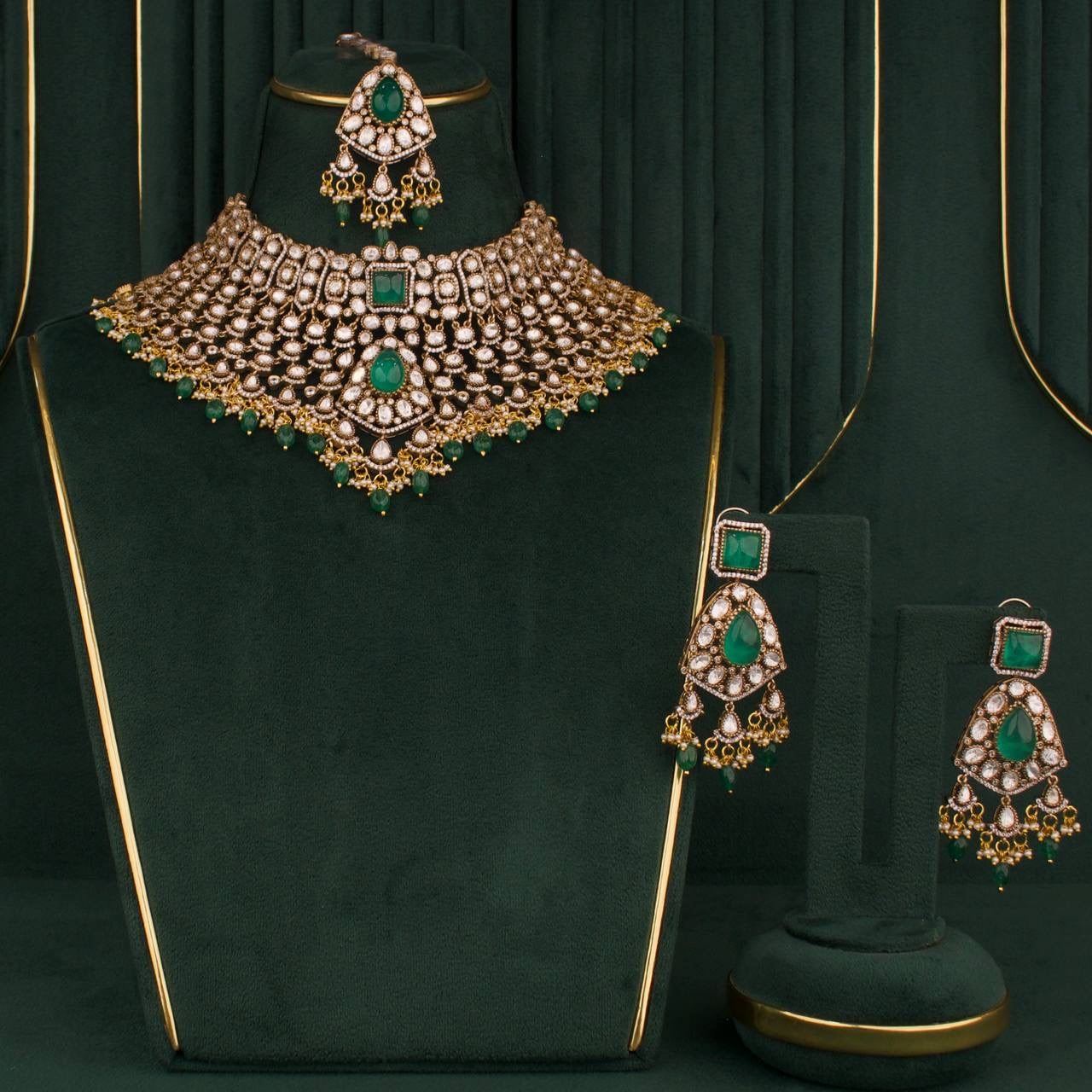 Bridal Victorian Polki Choker Set With Matching Earrings And Maangtika