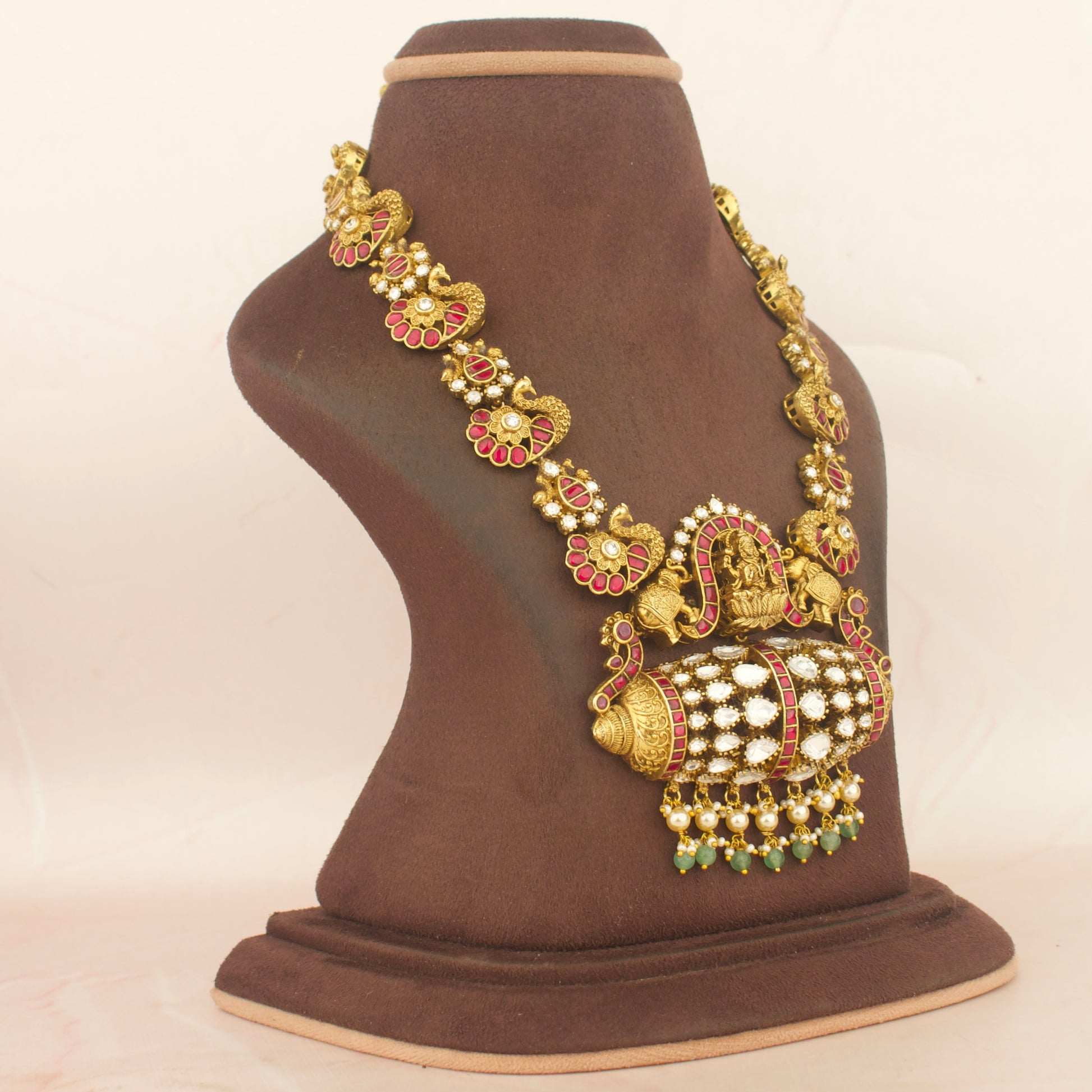 Timeless Divine Laksmi Devi and Elephant Design Jadau Kundan Short Necklace Antique Necklace