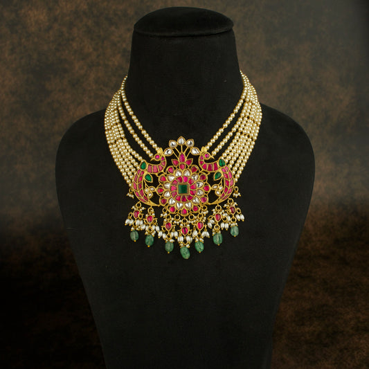 Majestic Floral Jadau Kundan Necklace with Swarovski Pearls