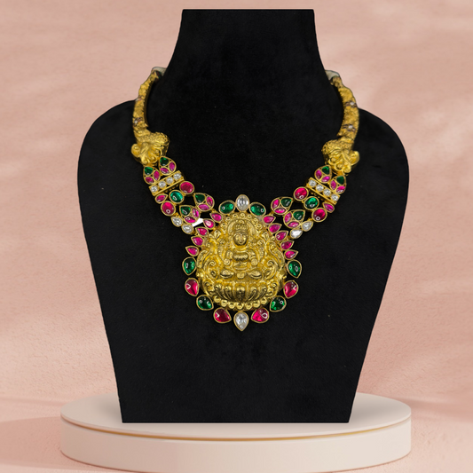 Majestic Jadau Kundan Kanti Necklace with Goddess Lakshmi Motif with 22k gold Plating, This product belongs to jadau kundan jewellery category
