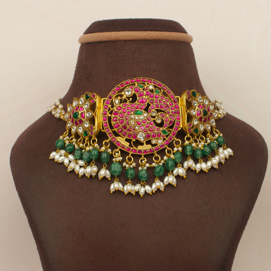 Peacock Motif Jadau Kundan Choker Necklace with Enamel and Bead Detailing