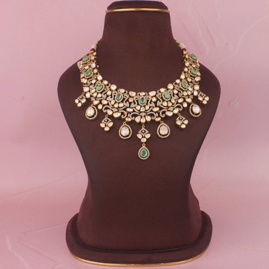 Elegant 925 Silver Moissanite Polki Necklace Set With Matching Earrings